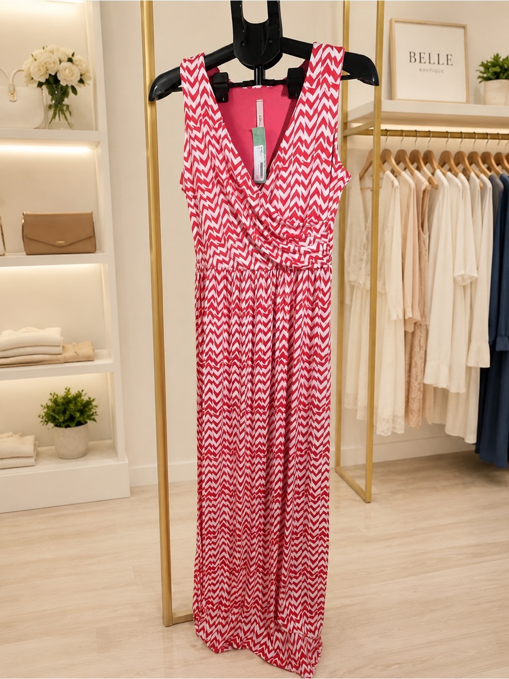 Gilli Pink and White Chevron Sleeveless Maxi Dress